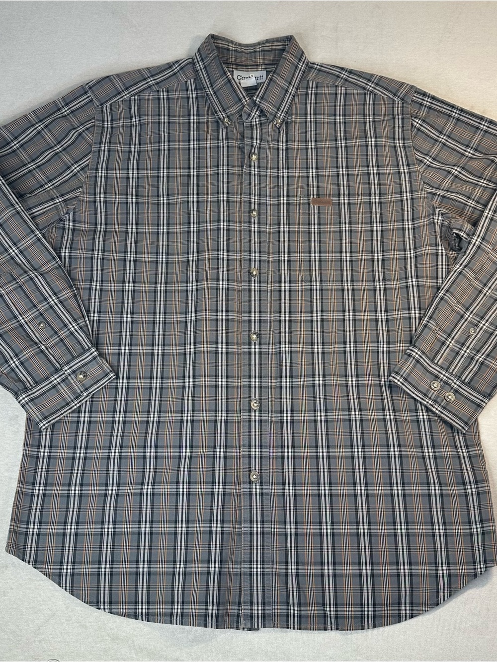 Carhartt Gray, Black and Orange Plaid Casual Button-Down Shirt